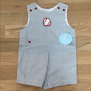 Little English Baseball Navy Seersucker Striped Romper Jon Jon Size 2T NWT